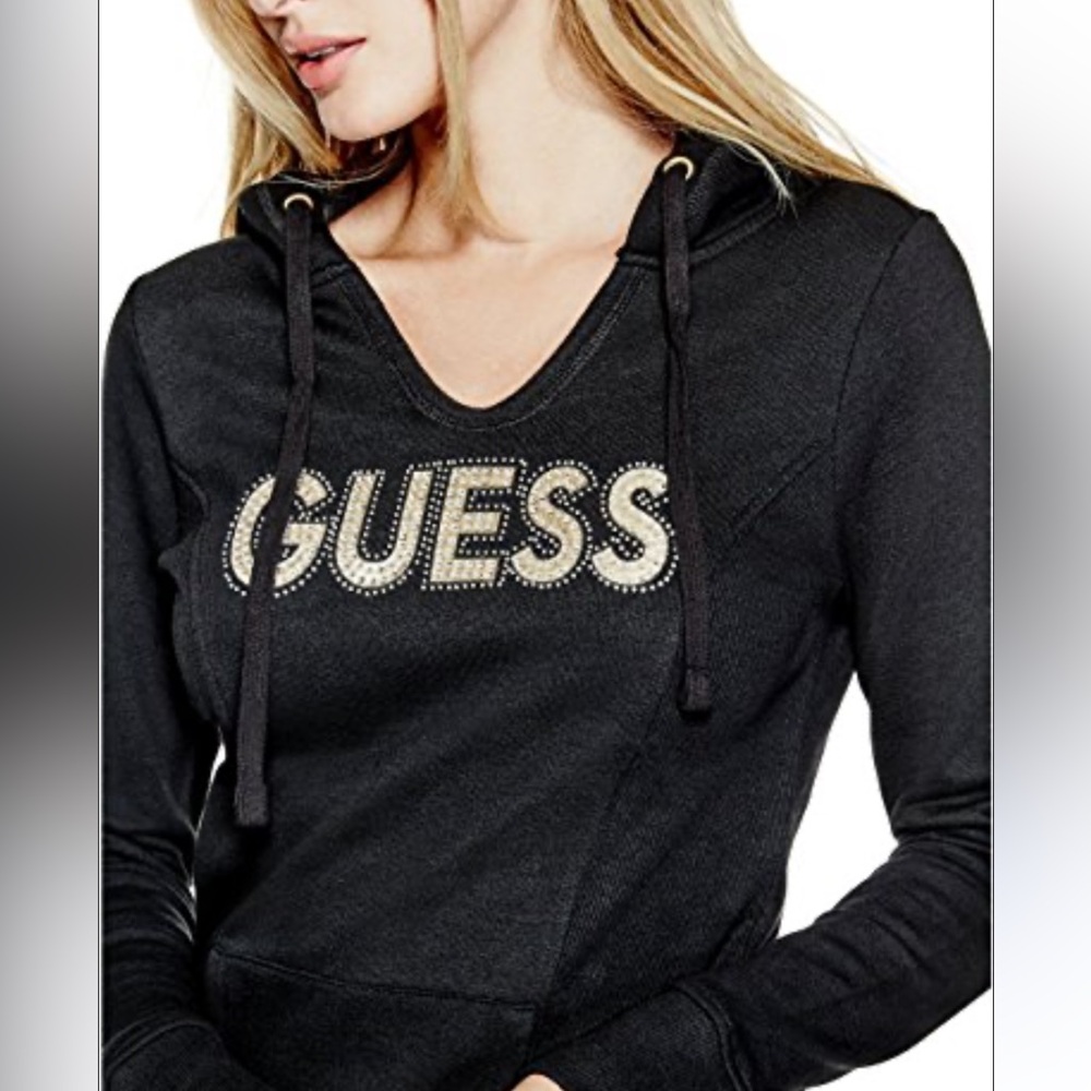 GUESS KEIRA HOODIE SWEATSHIRT WITH RHINESTONE LOGO BLACK & GOLD SIZE SMALL